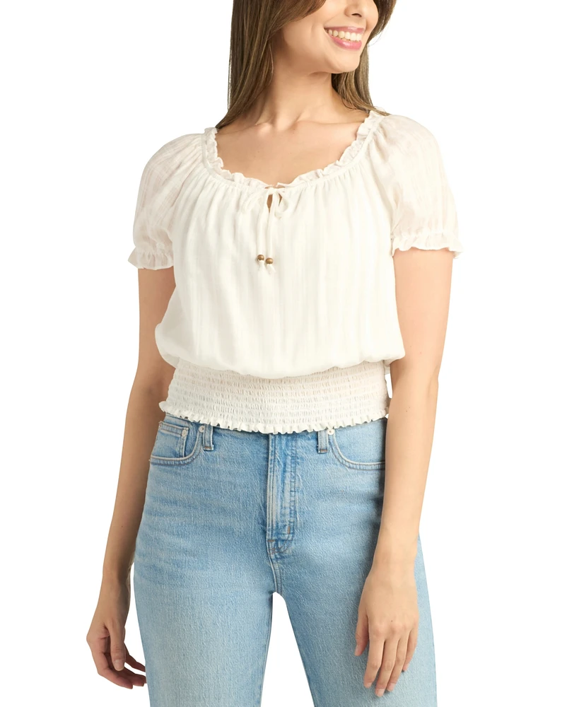 Bcx Juniors' Smocked-Hem Bubble-Sleeve Peasant Top