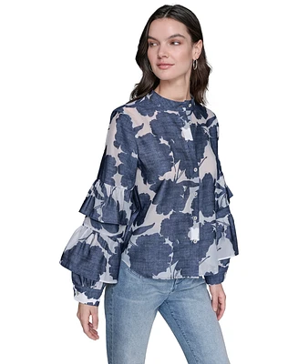 Karl Lagerfeld Paris Women's Floral-Printed Ruffle-Sleeve Top
