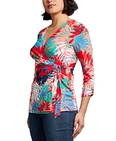 Jones New York Women's Printed Faux-Wrap Tie-Waist Top