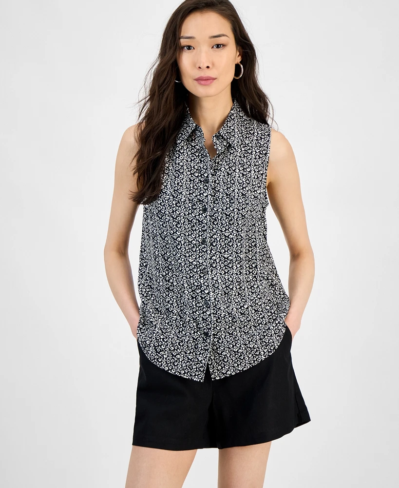 I.n.c. International Concepts Women's Printed Button-Down Sleeveless Blouse, Exclusively at Macy's