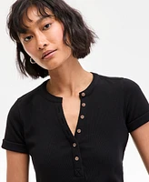 On 34th Women's Roll Cuff Rib-Knit Henley T-Shirt, Exclusively at Macy's