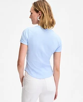 On 34th Women's Roll Cuff Rib-Knit Henley T-Shirt, Exclusively at Macy's