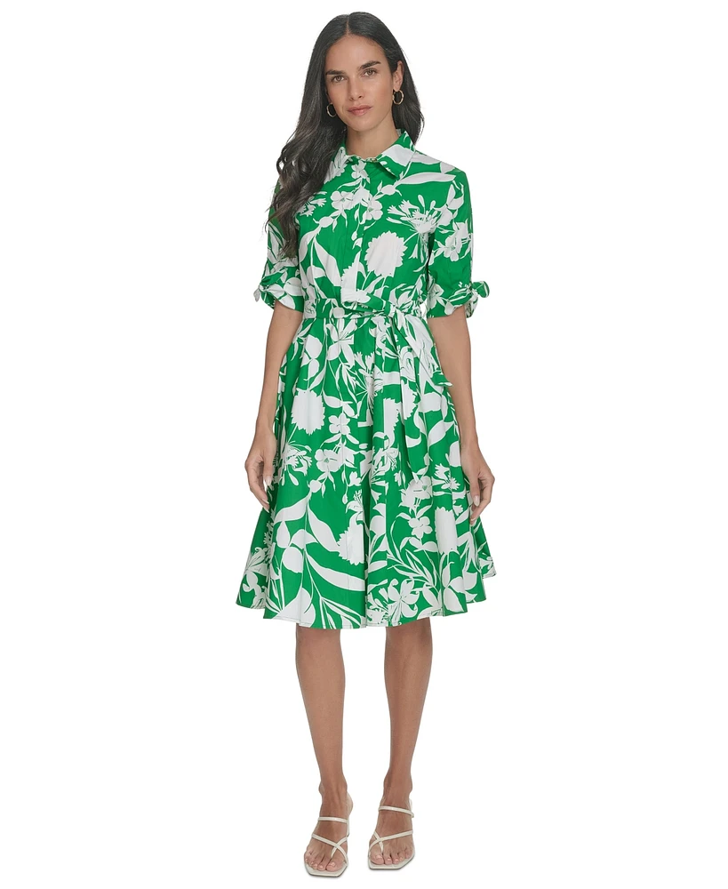 Calvin Klein Women's Cotton Floral-Print Belted Shirtdress