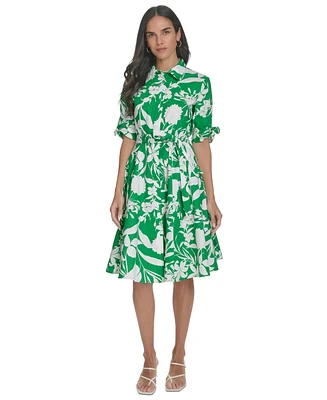 Calvin Klein Women's Cotton Floral-Print Belted Shirtdress