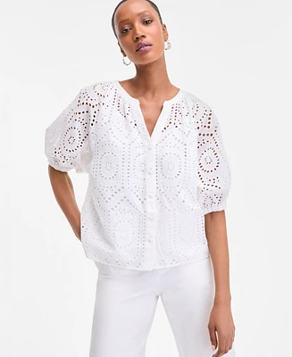 I.n.c. International Concepts Women's Cotton Eyelet Puff-Sleeve Blouse, Exclusively at Macy's