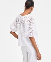 I.n.c. International Concepts Women's Cotton Eyelet Puff-Sleeve Blouse, Exclusively at Macy's