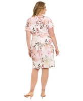 London Times Plus Floral-Print Tie-Neck Sheath Dress