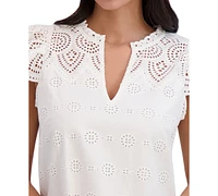 London Times Petite Cotton Eyelet-Embroidered Mini Dress