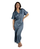 Tahari Women's 2 Piece Satin Short Sleeve Relaxed Notch Collar Top and Capri Pants Pajama Set