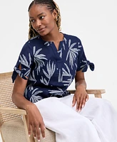 Charter Club Women's 100% Linen Tied-Sleeve Palm Shirt