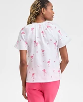 Charter Club Women's Linen Woven Flamingo Split-Neck Peasant Top, Exclusively at Macy's