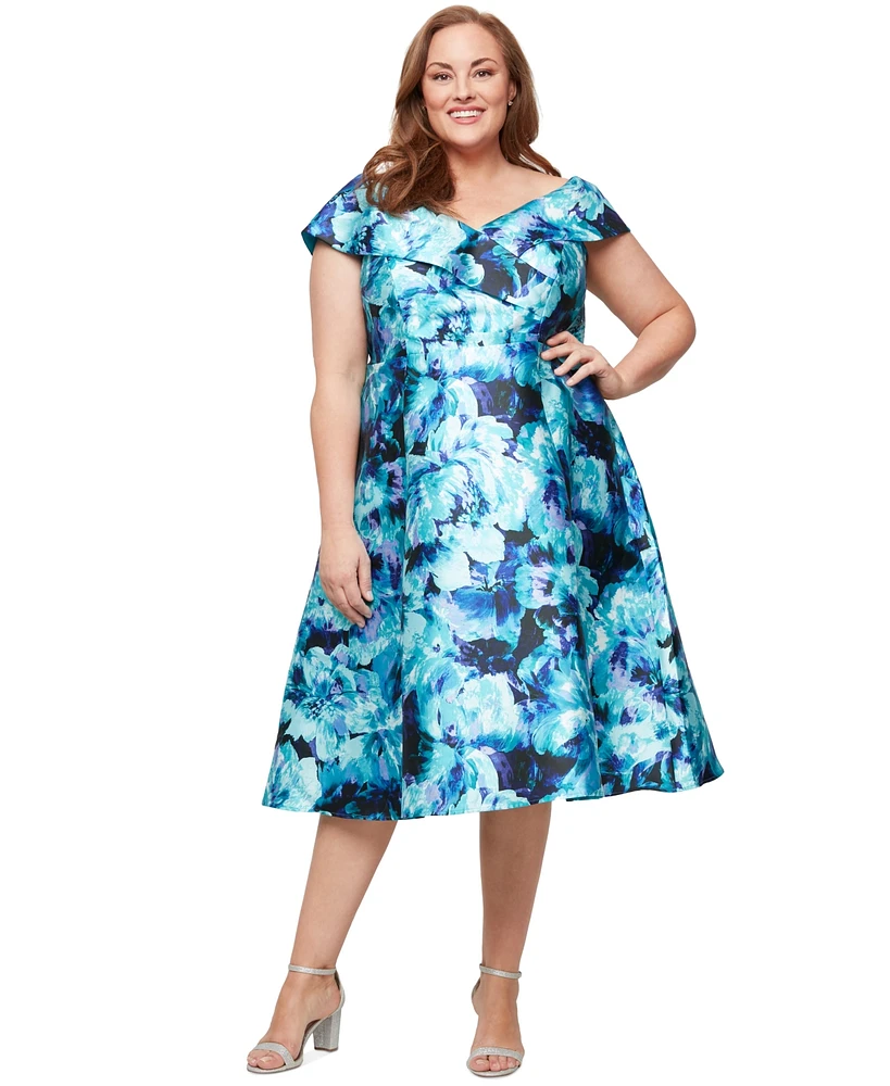 Alex Evenings Plus Printed Off-The-Shoulder A-Line Midi Dress
