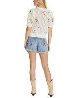 Driftwood Women's Strawberry Embroidered Puff-Sleeve Cardigan