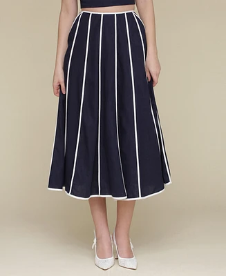 Avec Les Filles Women's Contrast-Trim Linen-Blend Midi Skirt