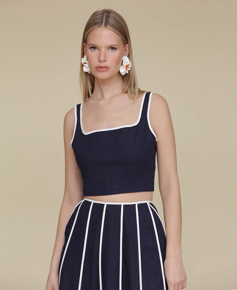Avec Les Filles Women's Contrast-Trim Linen-Blend Crop Top
