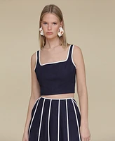Avec Les Filles Women's Contrast-Trim Linen-Blend Crop Top
