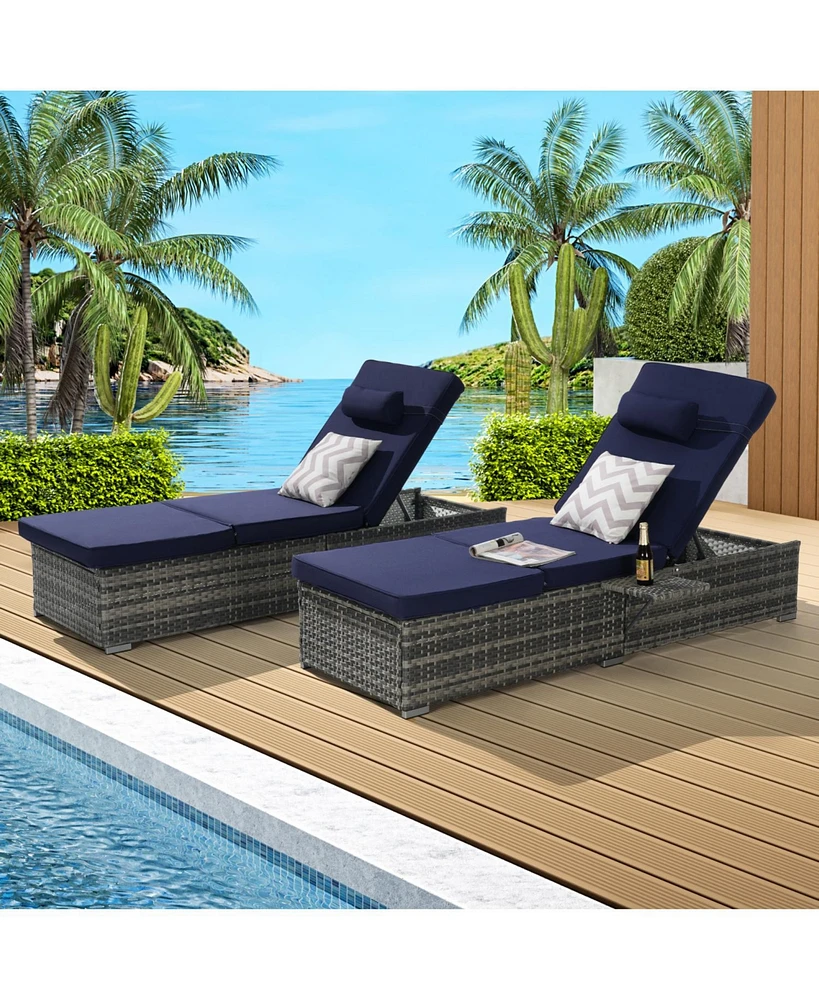 Outdoor chaise lounge set (2) with storage, adjustable backrests, table, cushions