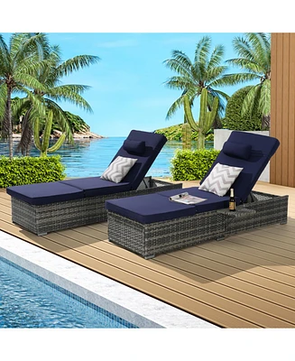 Outdoor chaise lounge set (2) with storage, adjustable backrests, table, cushions