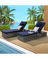 Outdoor chaise lounge set (2) with storage, adjustable backrests, table, cushions