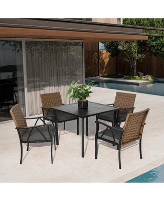 5-Pc Wicker Patio Dining Set, Steel Table, Umbrella Hole, for Backyard/Balcony