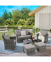 6 Piece Wicker Patio Furniture Sets with Ottoman & Tempered Glass Coffee Table