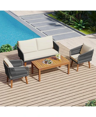 4-Piece Patio Furniture Set, Loveseat, Rope Conversation Set, Cushions (Beige/Grey)