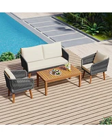 4-Piece Patio Furniture Set, Loveseat, Rope Conversation Set, Cushions (Beige/Grey)