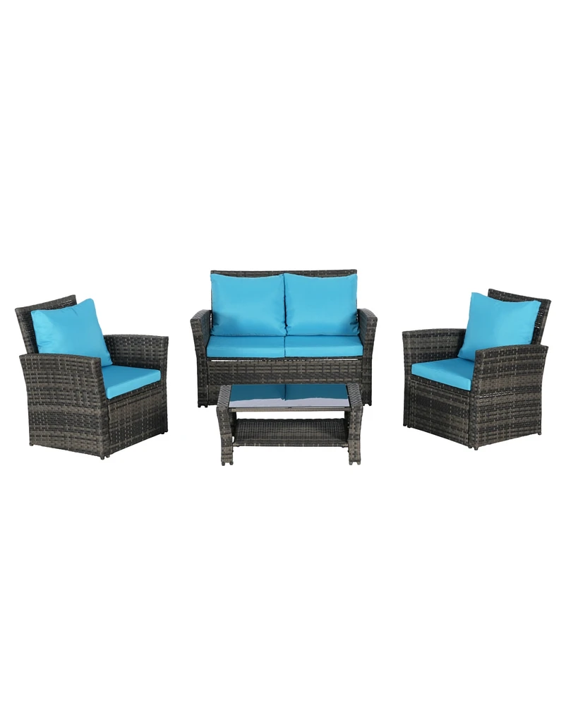 4-Piece Outdoor Patio Furniture Set, Rattan Chairs, Glass Table