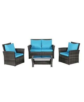 4-Piece Outdoor Patio Furniture Set, Rattan Chairs, Glass Table