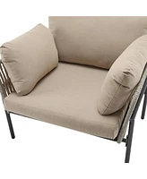 Set of 2 Beige Iron Lounge Chairs w/ Cushions, Indoor/Outdoor