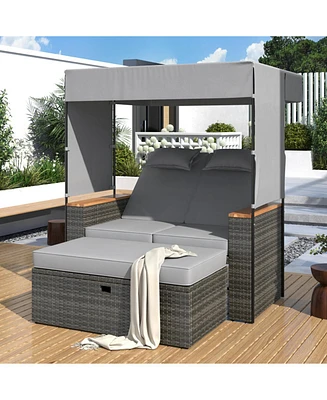 2-Piece Outdoor Rattan Daybed, Loveseat Sofa with Bench, Lounge Roof, Cushions (Grey)
