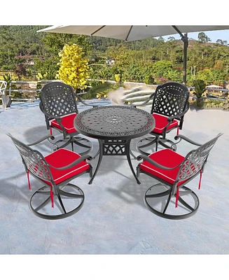5-Piece Cast Aluminum Dining Set, 4 Swivel Chairs, 35" Round Table