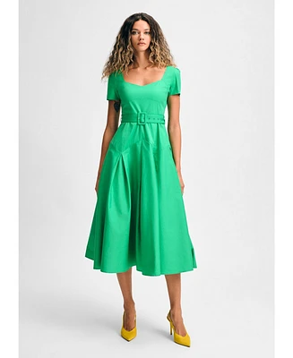 Isaac Mizrahi Women's Pleated Short Sleeve Belted Midi Dress