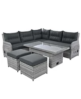 Patio Rattan Set, Adjustable Table, Recliners, Ottomans - Grey