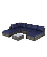 8-Piece Outdoor Wicker Patio Sofa Set w/ Washable Cushions & Glass Table