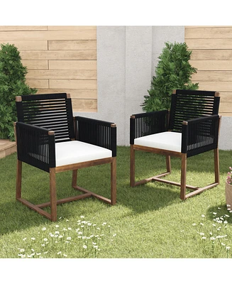 Acacia wood outdoor dining chairs (set of 2) with rope design, washable cushions, black