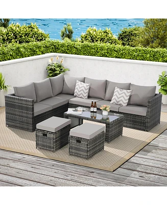 6pc Outdoor Patio Set, Wicker Sofa, Glass Table, Cushions & Pillows