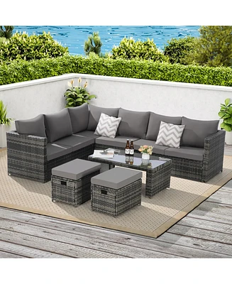 6pc Outdoor Patio Set, Wicker Sofa, Glass Table, Cushions & Pillows