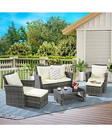 6 Piece Wicker Patio Furniture Sets with Ottoman & Tempered Glass Coffee Table