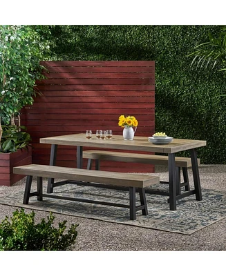 Outdoor Acacia Wood 3 Piece Picnic Dining Set, Gray and Rustic Metal