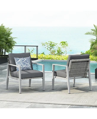 Silver aluminum lounge chairs (set of 2) with rope accents and cushions