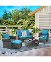 6 Piece Wicker Patio Furniture Sets with Ottoman & Tempered Glass Coffee Table