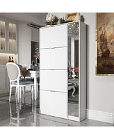 4-tier chest of drawers with metal handles and a side cabinet, white wooden shoe rack with adjustable partitions, mirrored doors