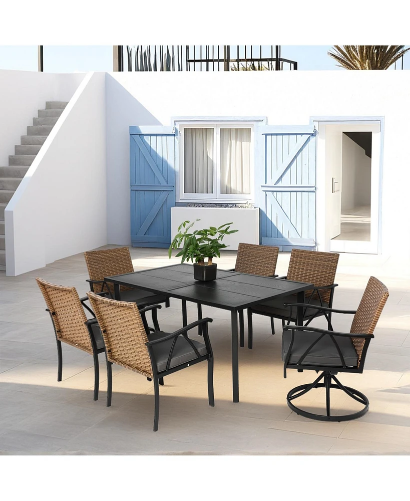7pc Patio Dining Set, Wicker, Swivel Rockers, Cushions, Table