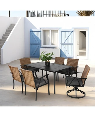 7pc Patio Dining Set, Wicker, Swivel Rockers, Cushions, Table