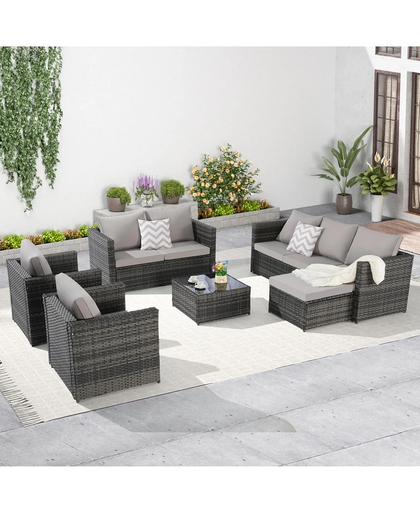 6-Piece Outdoor Wicker Patio Conversation Set w/ Cushions & Glass Table