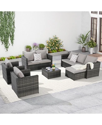 6-Piece Outdoor Wicker Patio Conversation Set w/ Cushions & Glass Table