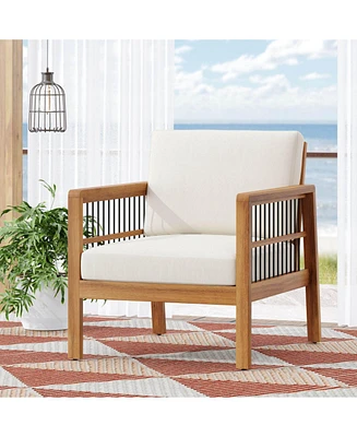 Acacia/Wicker Outdoor Club Chair, Deep Seating, Beige Cushion