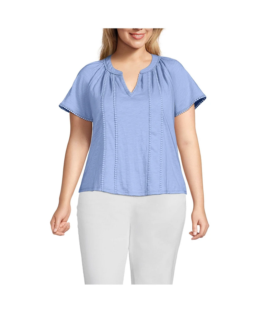 Lands' End Plus Slub Short Sleeve Notch Neck Top