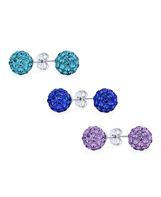Bling Jewelry Set of 3 Elegant Round 8MM Glittering Pave Crystal Disco Ball Stud Earrings .925 Sterling Silver